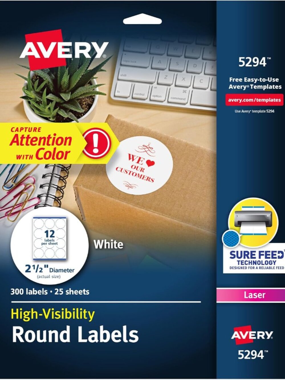 Round Printable Labels, 2.5" Diameter, Matte White, Sure Feed Technology, Laser